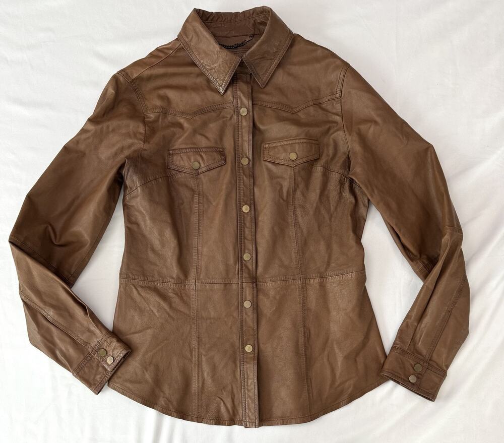 Massimo Dutti Sheepskin Leather Shirt Jacket Womens Medium Brown Western Ranch